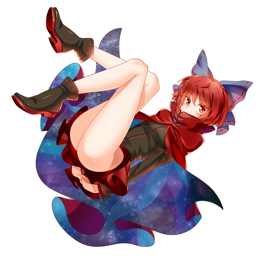 1girl, arms_behind_back, blush, bobomaster, boots, bottomless, bow, cape, dress, hair_bow, hands_clasped, highres, long_sleeves, nukekubi, red_eyes, redhead, sekibanki, short_hair, solo, touhou