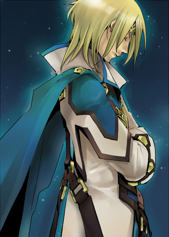bad_id, belt, blue, cape, closed_eyes, crossed_arms, doxa-hight, guilty_gear, guilty_gear_2, king, ky_kiske, male, solo