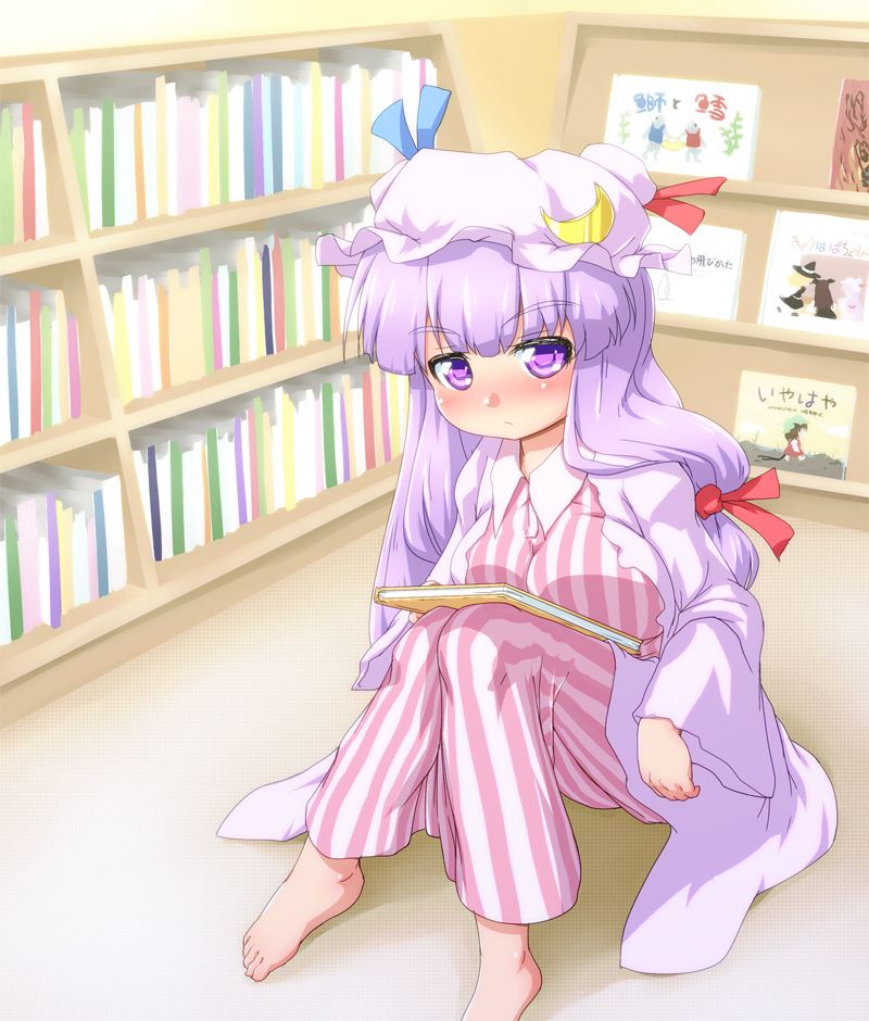 1girl, barefoot, blush, book, bookshelf, bow, breast_rest, breasts, chen, children's_book, crescent, dress, eyebrows, frown, hair_bow, hat, hat_ribbon, kirisame_marisa, knees_up, koakuma, long_hair, looking_at_viewer, mob_cap, patchouli_knowledge, purple_hair, ribbon, robe, sitting, solo, touhou, violet_eyes, waribashi-p
