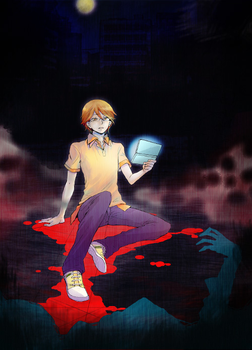 1boy, blood, brown_eyes, brown_hair, dark, glasses, kyuu_sato_nuno, megami_ibunroku_devil_survivor