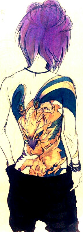 1boy, back_tattoo, bracelet, choujin_falco, from_behind, hayabusa_hideki, inazuma_eleven_(series), inazuma_eleven_go, jewelry, male, necklace, purple_hair, shikuyoro01, shirtless, solo, standing, tattoo