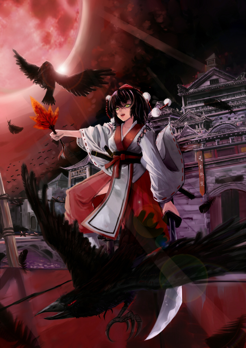 1girl, absurdres, bbkid, black_hair, east_asian_architecture, fan, feathers, hat