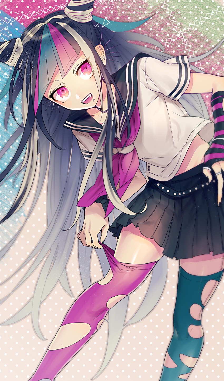 1girl, adjusting_clothes, adjusting_legwear, arm_warmers, belt, black_hair, blue_hair, blue_legwear