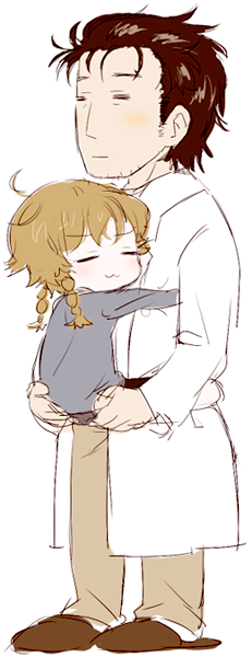1boy, :3, amane_suzuha, black_hair, blush, braid, brown_hair, closed_eyes, facial_hair, hug, labcoat, mozi, okabe_rintarou, slippers, steins;gate, stubble, twin_braids, young