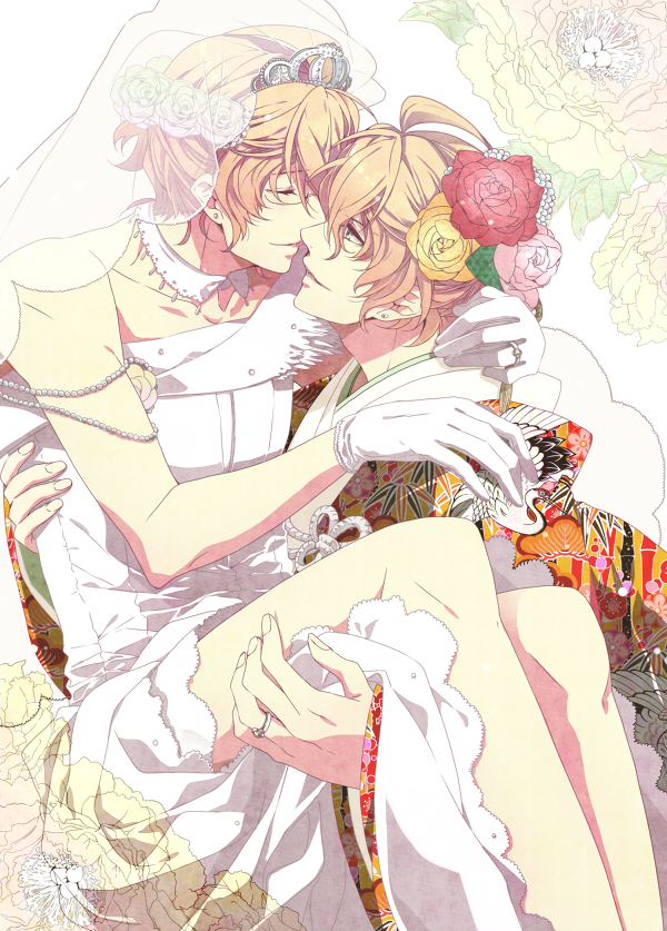 2boys, blonde_hair, carrying, closed_eyes, crossdressinging, dress, dual_persona, flower