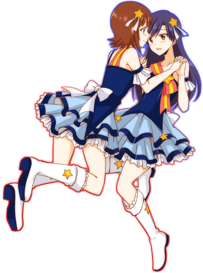 2girls, amami_haruka, aqua_eyes, blue_hair, boots, brown_eyes, brown_hair, hair_ornament