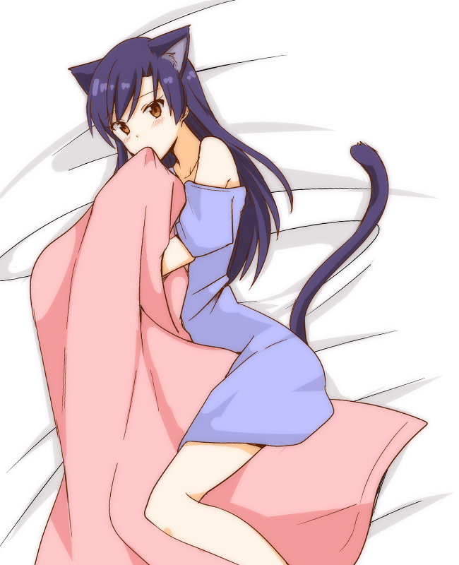 1girl, animal_ears, bed, blanket, blue_hair, blush, brown_eyes, cat_ears