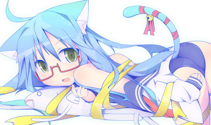 1girl, ass, blue_hair, fish, glasses, green_eyes, highres, long_hair