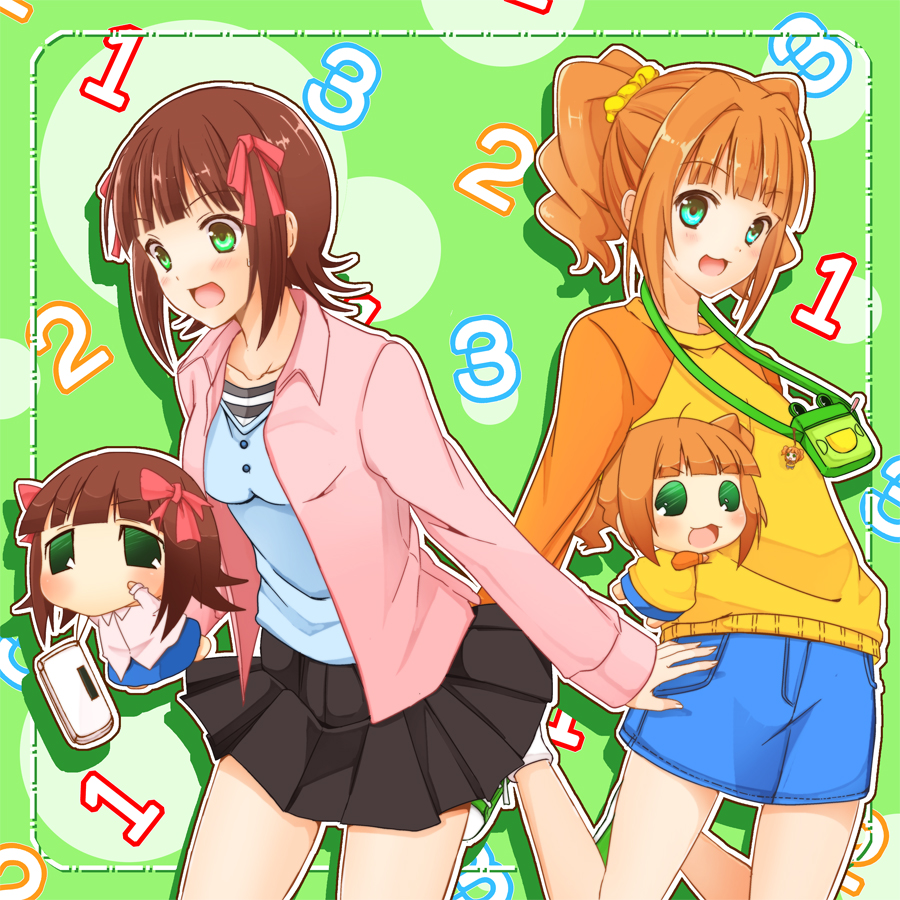 amami_haruka, aqua_eyes, bag, brown_hair, cellphone, chibi, denim, green_eyes