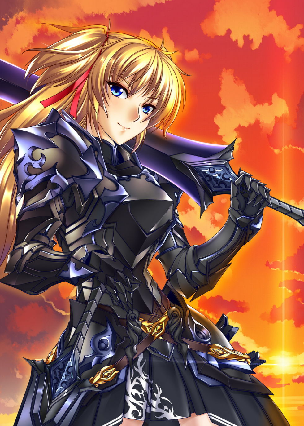 1girl, armor, armored_dress, blonde_hair, blue_eyes, clouds, cloudy_sky, gauntlets