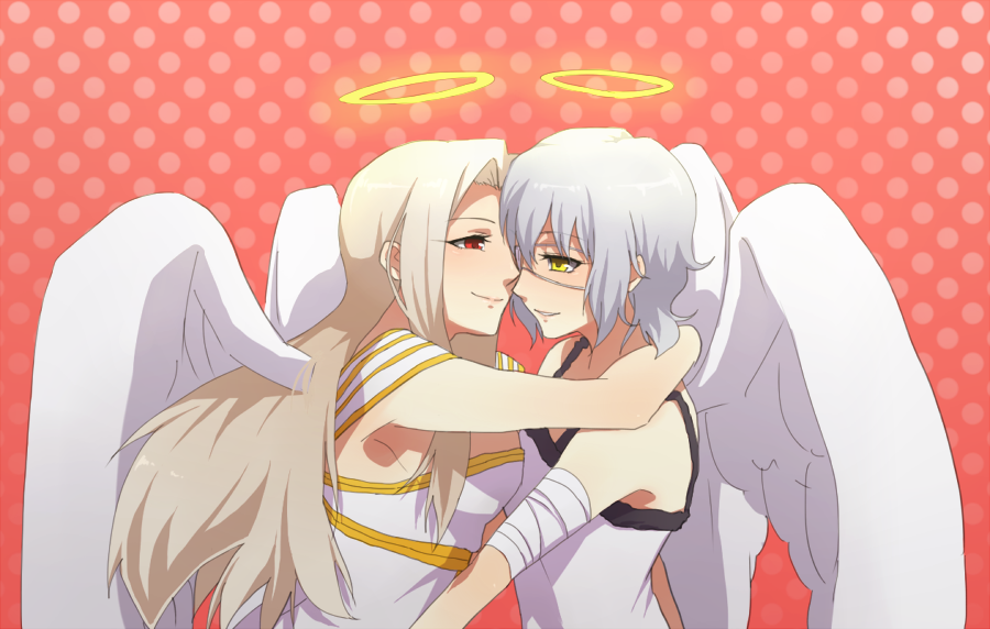 2girls, angel, aoimio, bandages, claudia_hortensia, dress, eyepatch, fate/zero