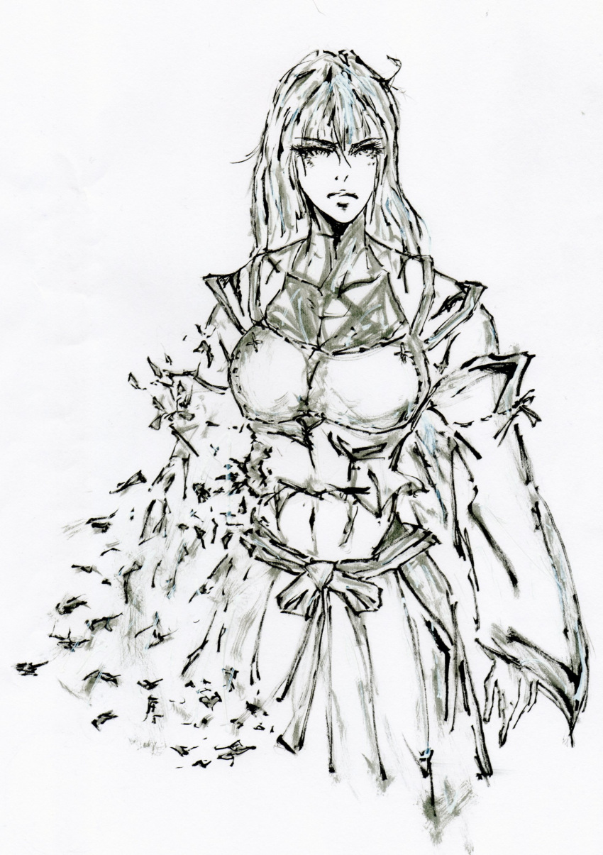 1girl, absurdres, bare_shoulders, breasts, calligraphy_brush_(medium), detached_sleeves, hakama, highres