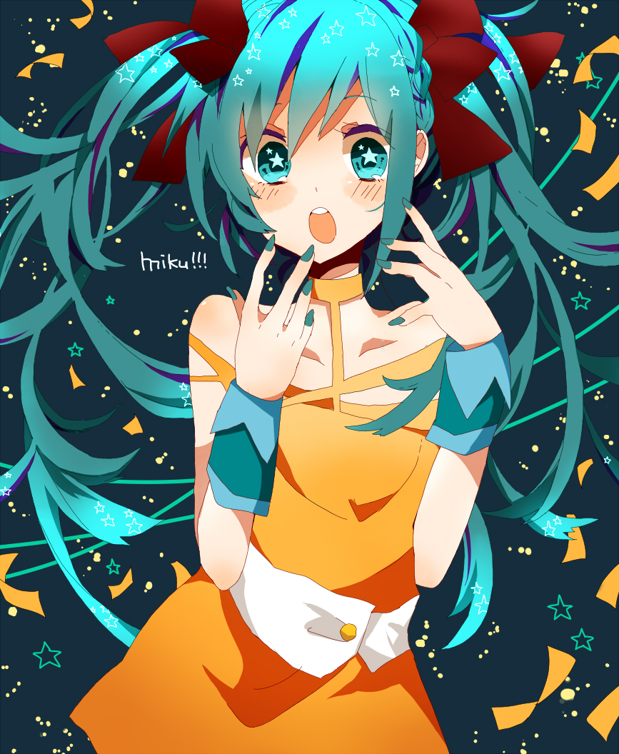 1girl, alternate_costume, aqua_eyes, aqua_hair, blush, harukozi, hatsune_miku, long_hair, nail_polish, ribbon, solo, twintails, vocaloid