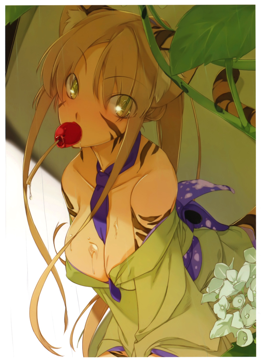 1girl, absurdres, animal_ears, bare_shoulders, between_breasts, blush, breasts, brown_hair