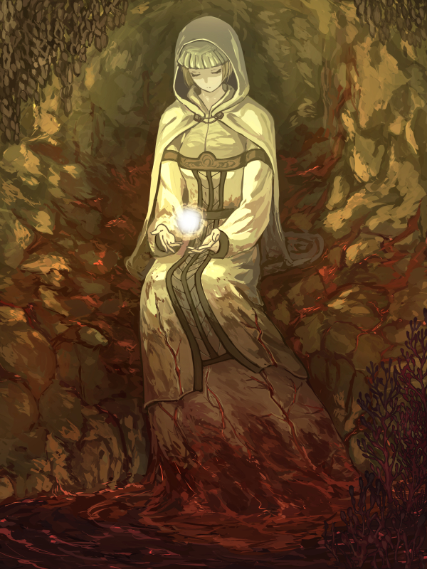 blonde_hair, demon's_souls, dress, hood, maiden_astraea, rueken, solo