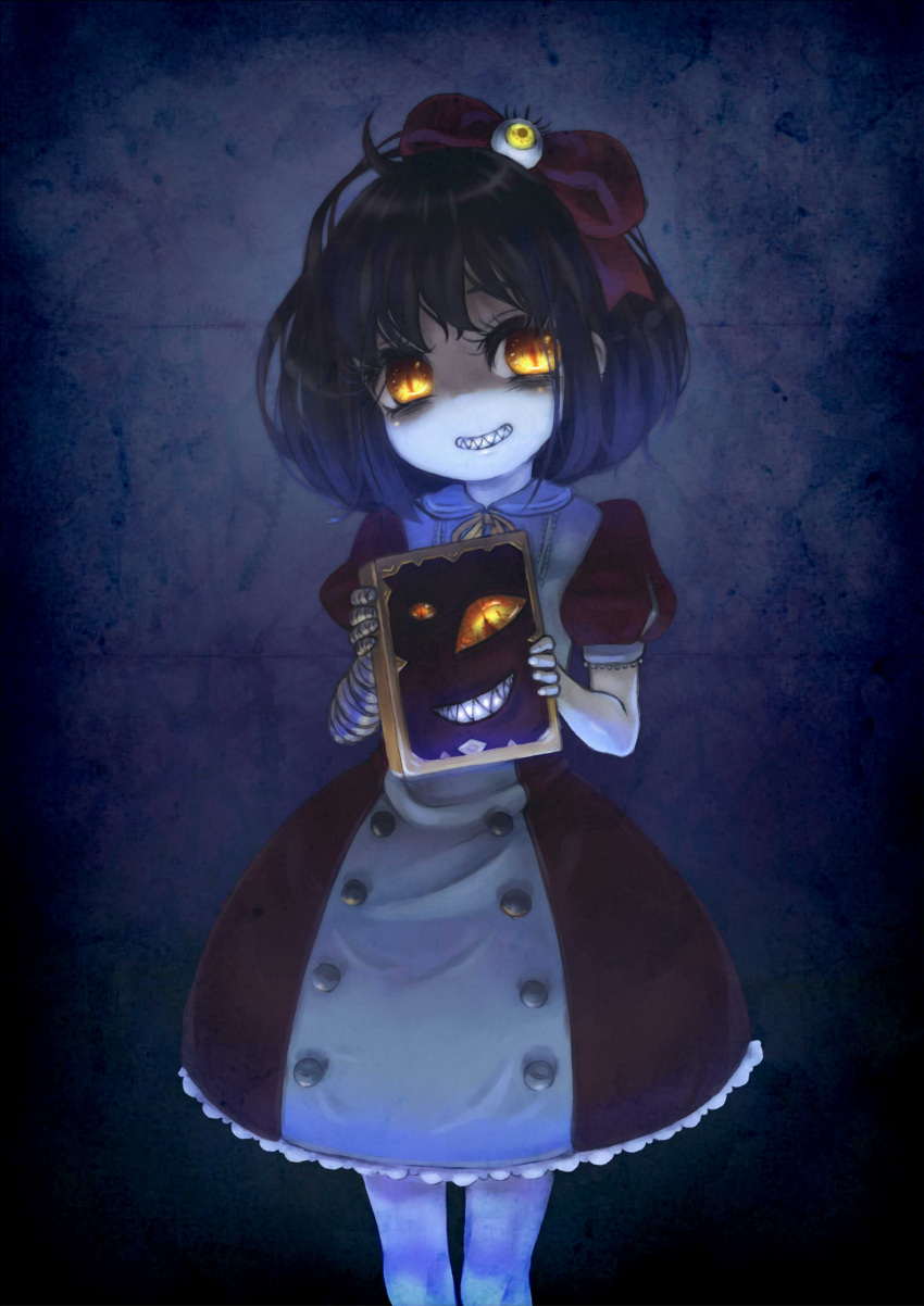 ade_san, book, dress, evil_grin, evil_smile, glowing, glowing_eyes, grin