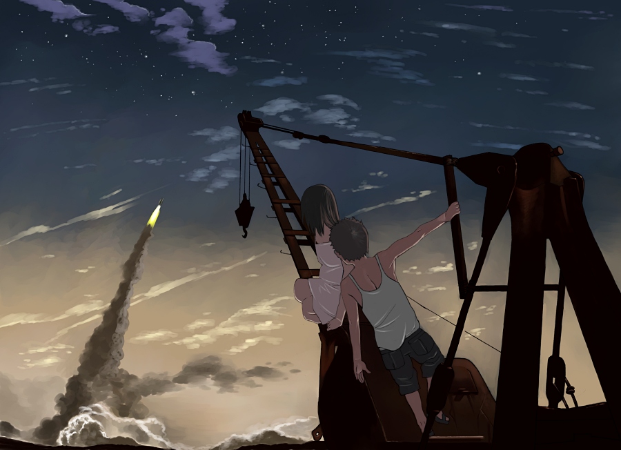 chemise, child, cloud, clouds, crane, explosion, rocket, shiira
