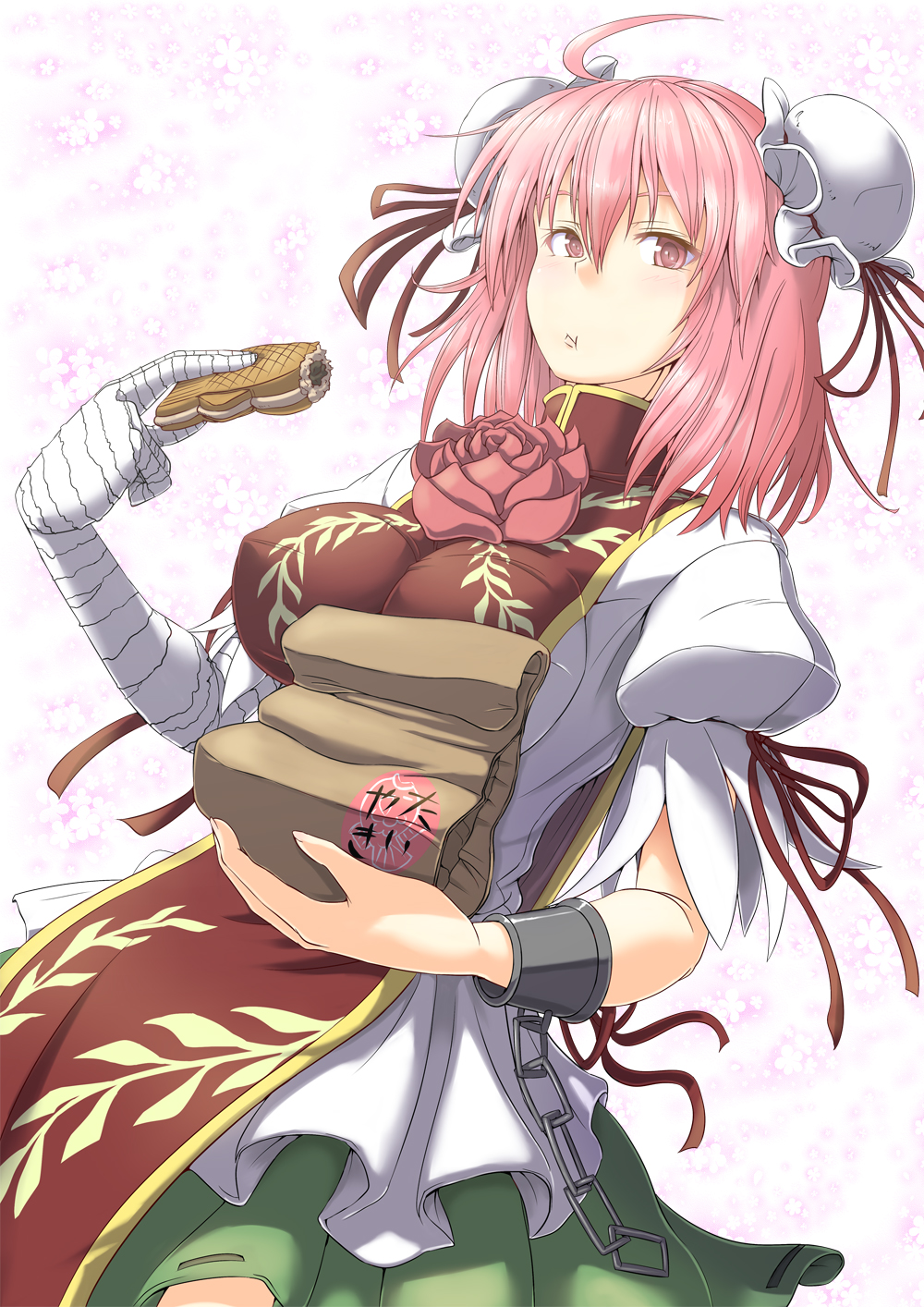 1girl, ahoge, bag, bandages, breasts, bun_cover, chain, chinese_clothes