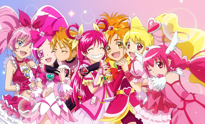 6+girls, :d, arm_around_neck, blonde_hair, blue_eyes, blush, cheek_kiss, closed_eyes
