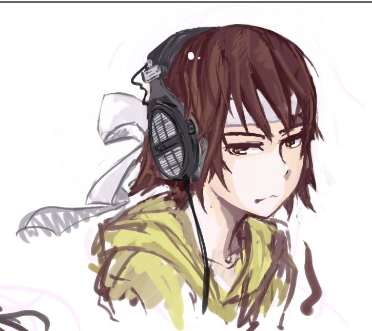 1girl, beyerdynamic, brown_eyes, brown_hair, bust, character_request, frown, headband