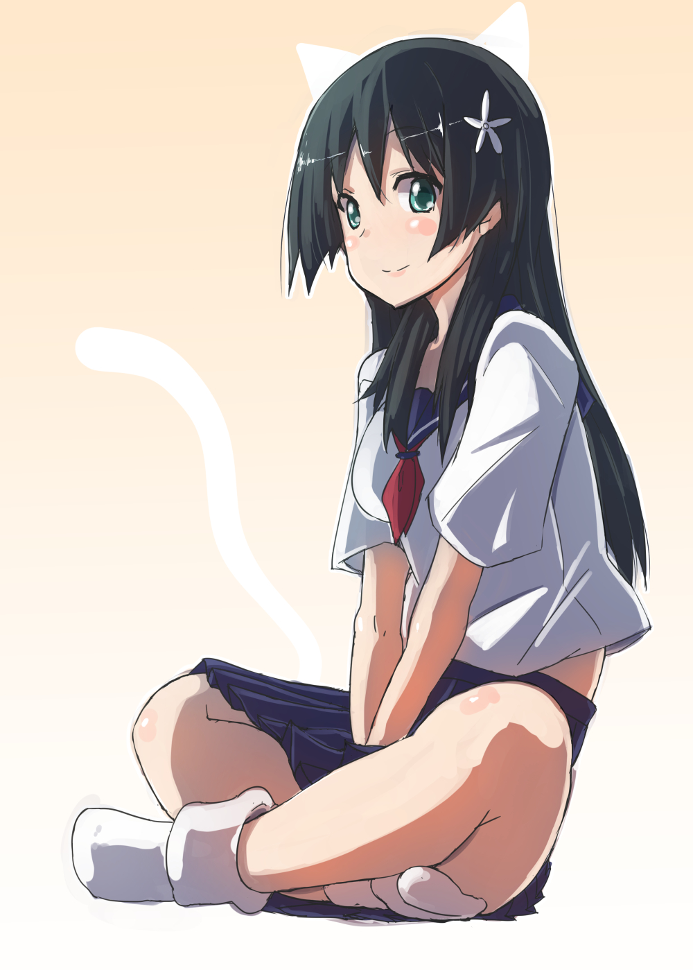 1girl, black_hair, flower, green_eyes, hair_flower, hair_ornament, highres, indian_style, long_hair, saten_ruiko, school_uniform, serafuku, shiratori_serano, sitting, to_aru_kagaku_no_railgun, to_aru_majutsu_no_index