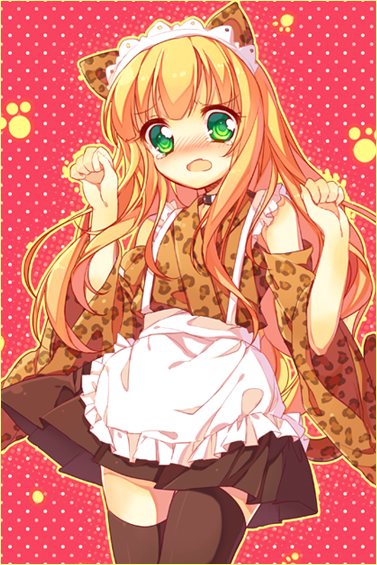 1girl, animal_ears, apron, azuki_azusa, blonde_hair, blush, cat_ears, cat_paws