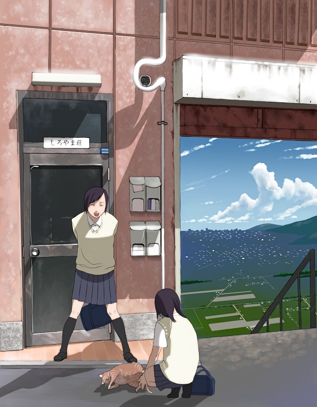 bad_id, bag, building, cat, cloud, clouds, door, grass, multiple_girls, railing, rails, school_uniform, shadow, shiira, sky, smile, thigh-highs, thighhighs