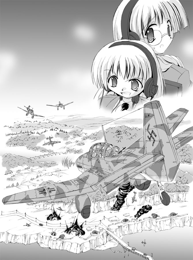 2girls, airplane, bomber, bridge, cannon, explosion, flying, glasses