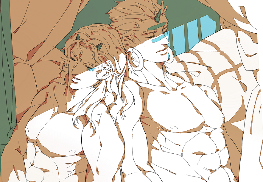 110140375_(artist), 2boys, curtains, horns, jojo_no_kimyou_na_bouken, manly, multiple_boys, muscle, santana_(jojo), sleeping