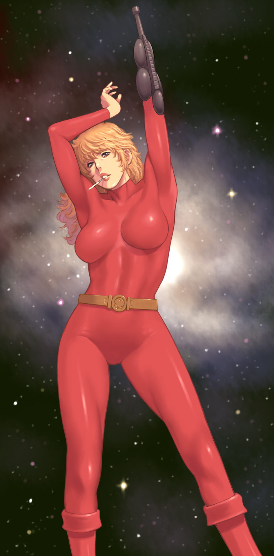 1girl, arm_cannon, arms_up, belt, blonde_hair, blue_eyes, boots, cigarette