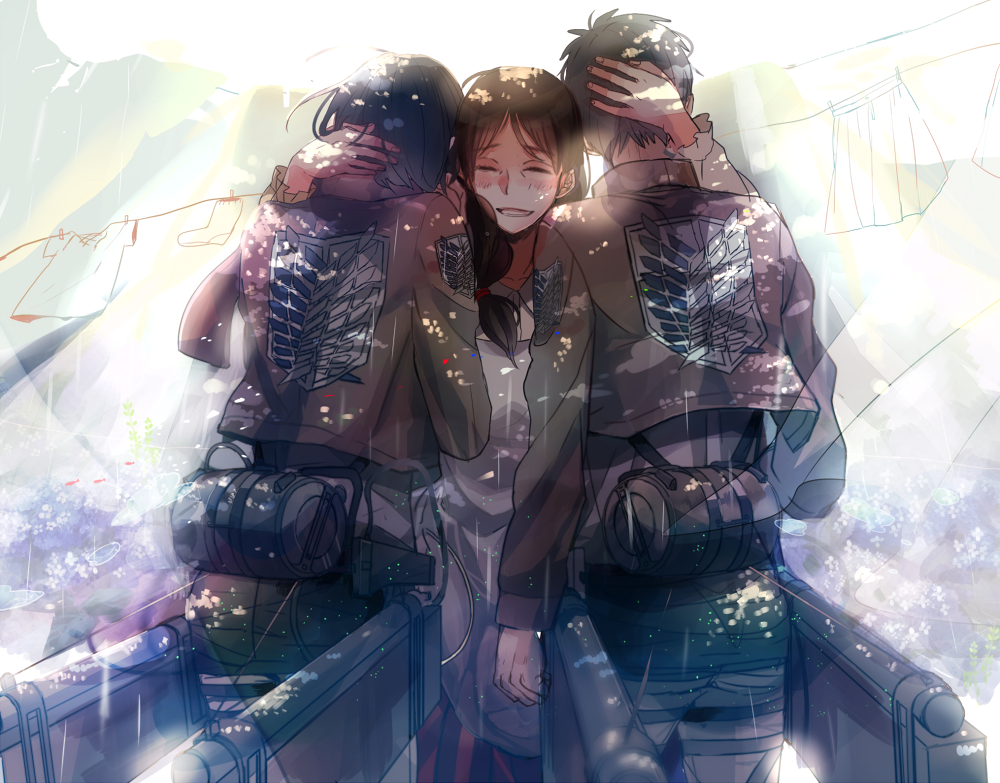 1boy, 2girls, black_hair, brown_hair, carla_jaeger, closed_eyes, eren_jaeger, group_hug