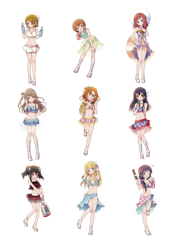6+girls, akame_(eckesachs), ayase_eli, bag, bikini, bottle, can, flower