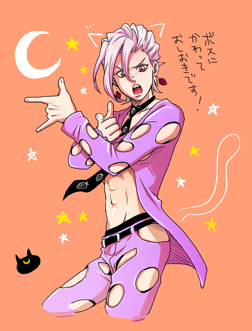 1boy, animal_ears, bishoujo_senshi_sailor_moon, cat_ears, cat_tail, crescent, jojo_no_kimyou_na_bouken, midriff