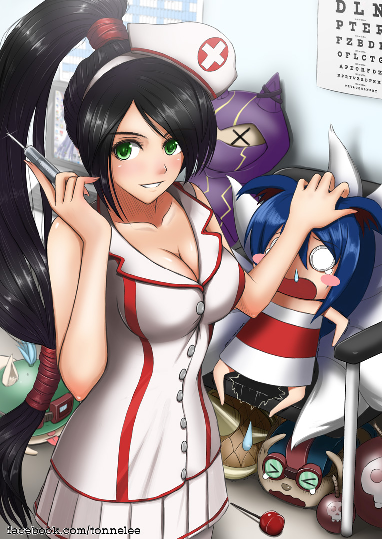 >_<, ahri, akali, animal_ears, black_hair, blue_hair, blush_stickers, bomb