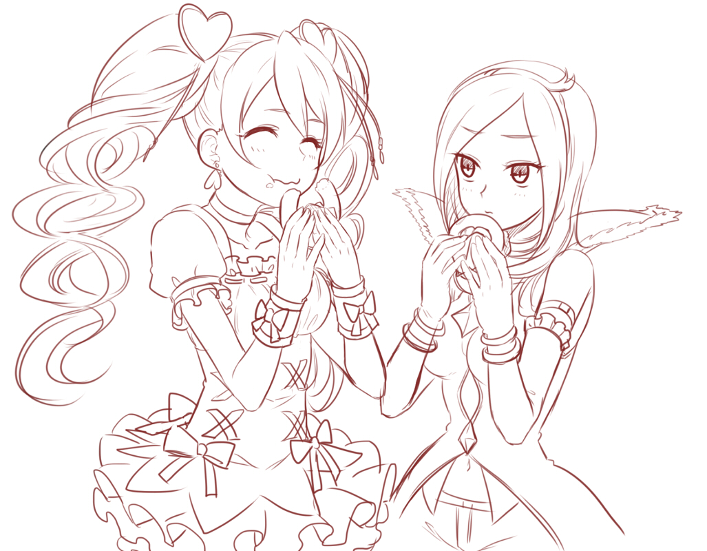 2girls, closed_eyes, cure_peach, doughnut, eas, eating, food_on_mouth, fresh_precure!