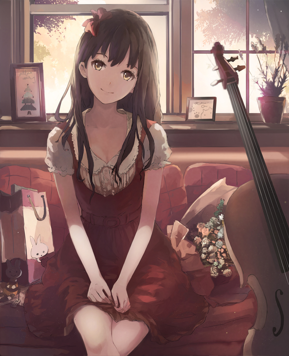 1girl, bag, bouquet, bow, brown_hair, cello, crossed_legs, dress