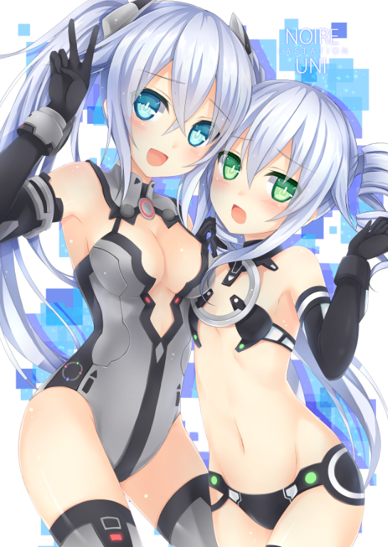 bare_shoulders, black_gloves, black_heart, black_legwear, black_sister, blush, breasts, choujigen_game_neptune