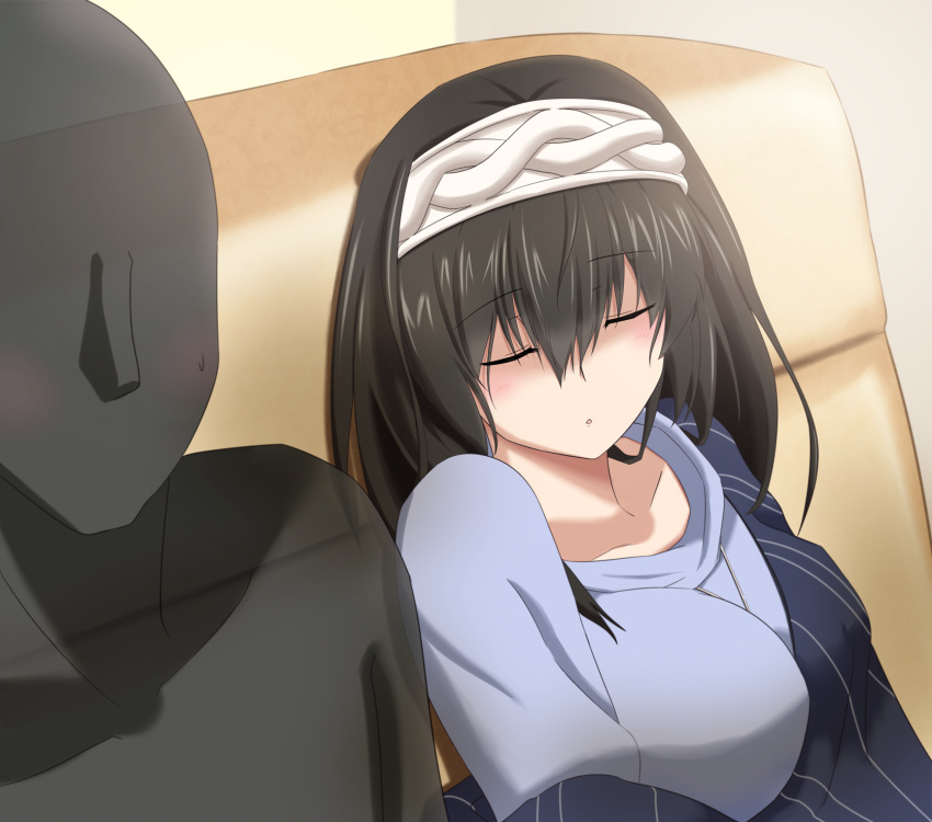 1girl, bangs, black_hair, blush, hairband, highres, idolmaster, idolmaster_cinderella_girls, jewelry, long_hair, long_sleeves, necklace, open_mouth, sagisawa_fumika, shawl, sleeping, sweatdrop, weareoutsider