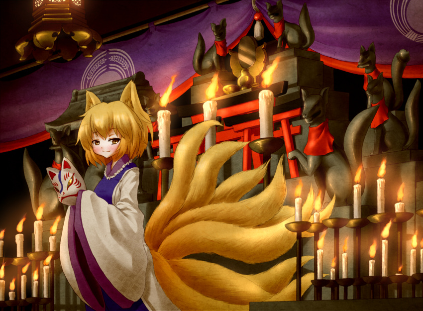 1girl, animal_ears, arinu, blonde_hair, blush, candle, fox, fox_ears