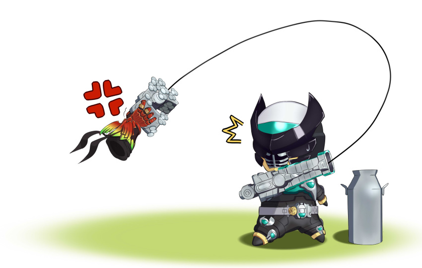 /\/\/\, 1boy, ankh_(ooo), belt, cell_medal, chibi, container, gashapon