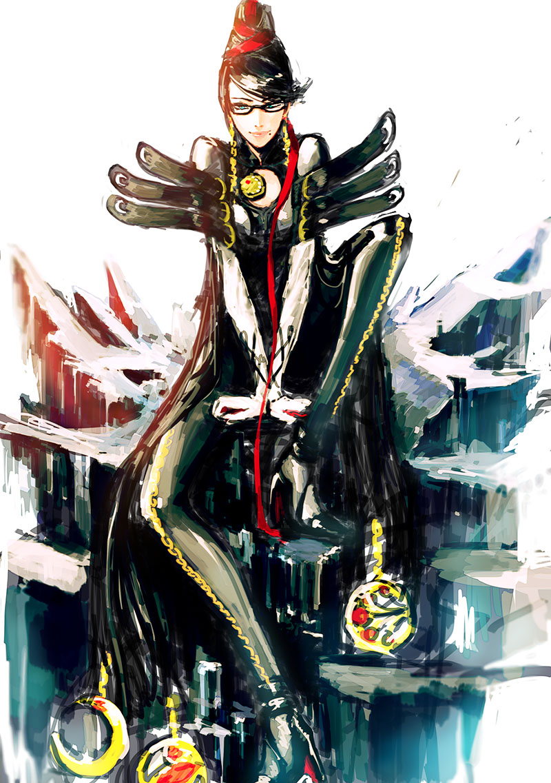 1girl, amulet, bayonetta, bayonetta_(character), beehive_hairdo, black_hair, blue_eyes, bodysuit