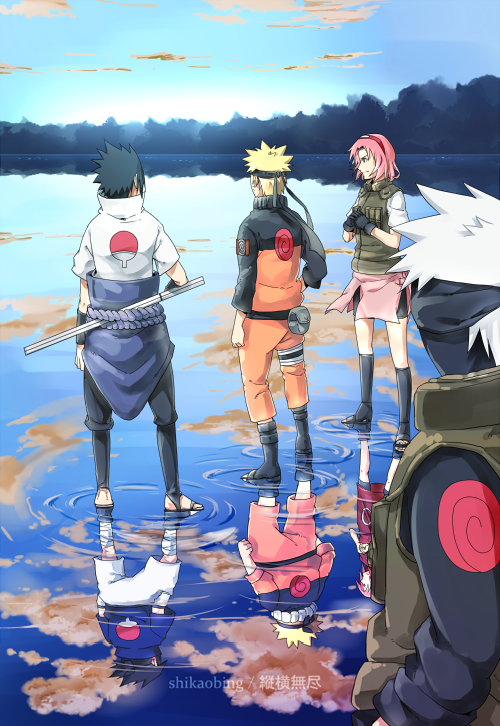 1girl, 3boys, black_gloves, black_hair, different_reflection, forehead_protector, gloves, haruno_sakura, hatake_kakashi, headband, katana, multiple_boys, naruto, naruto_shippuuden, pink_hair, reflection, sandals, shikaobing, short_hair, signature, spiky_hair, sword, team_7, uchiha_sasuke, uzumaki_naruto, vest, weapon, white_hair
