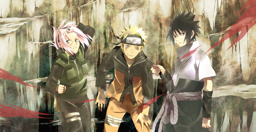 1girl, 2boys, bag, black_eyes, black_hair, blonde_hair, blue_eyes, forehead_protector, green_eyes, haruno_sakura, headband, katana, konohagakure_symbol, kunimori_yuuka, multiple_boys, naruto, naruto_shippuuden, pink_hair, short_hair, smile, spiky_hair, sword, team7, torn_clothes, uchiha_sasuke, uzumaki_naruto, vest, weapon, wind