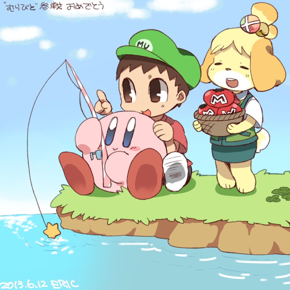 1boy, animal_crossing, animal_crossing:_city_folk, brown_eyes, brown_hair, child, dog, doubutsu_no_mori, eriku_(aoi_tori), fishing_rod, hat, hoshi_no_kirby, kirby, kirby_(series), murabito_(animal_crossing), nintendo, pink_puff_ball, shizue_(doubutsu_no_mori), super_smash_bros., tobidase:_doubutsu_no_mori, tomato, villager_(doubutsu_no_mori)
