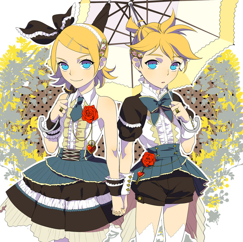 1boy, 1girl, alternate_costume, aqua_eyes, bare_shoulders, blonde_hair, bow, csikity