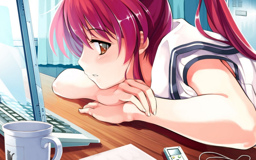 1girl, brown_eyes, character_request, copyright_request, fuku, highres, long_hair, ponytail, redhead, school_uniform, solo, source_request