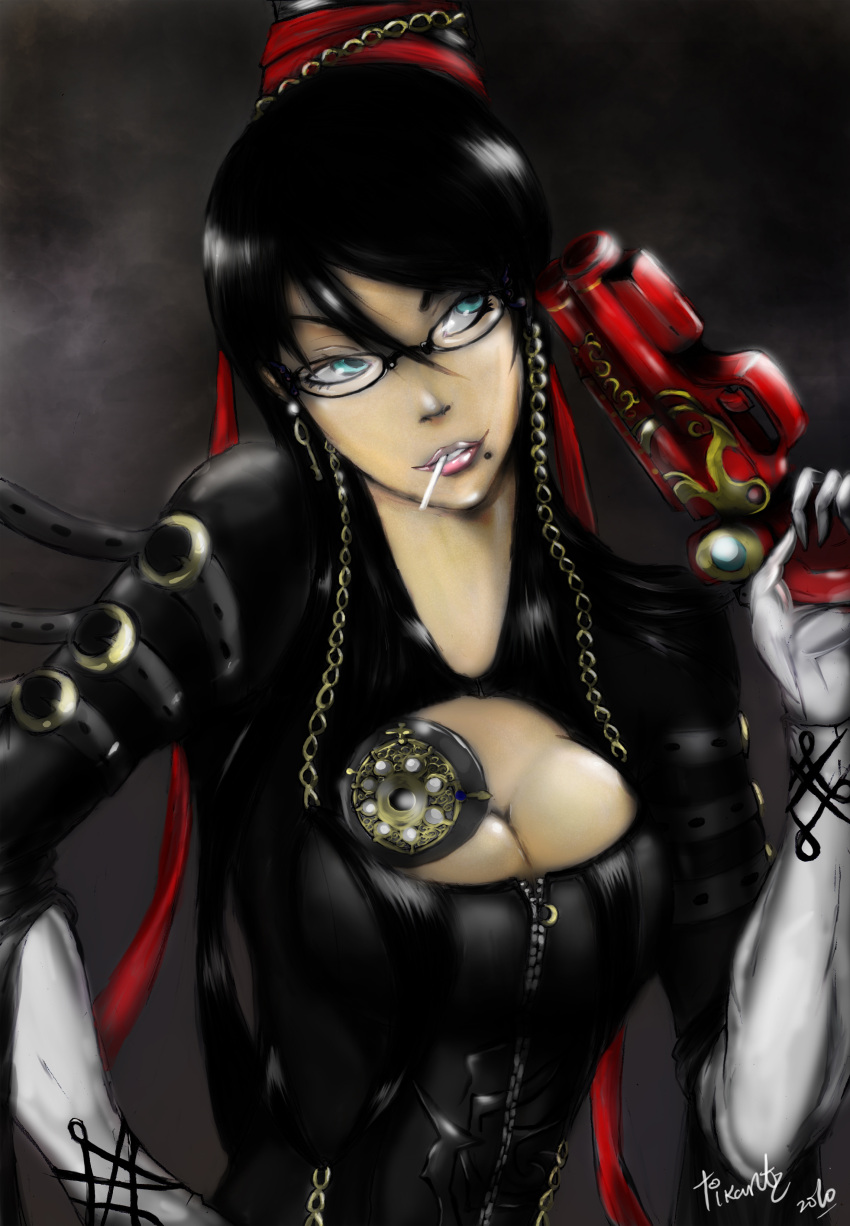 1girl, absurdres, bayonetta, bayonetta_(character), beehive_hairdo, black_hair, blue_eyes, bodysuit