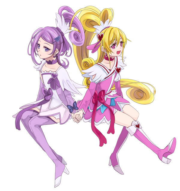 2girls, :d, aida_mana, blonde_hair, boots, cure_heart, cure_sword, dokidoki!_precure