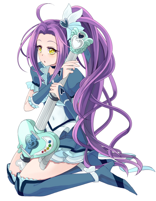 1girl, blue_dress, blue_legwear, boots, choker, cure_beat, dress, electric_guitar