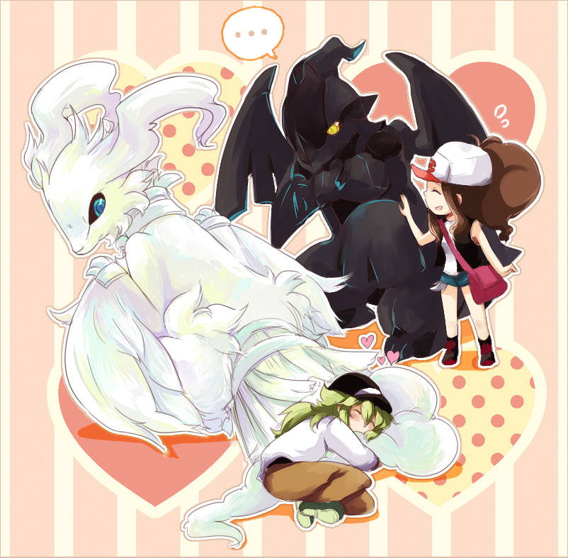 1boy, 1girl, blush, brown_hair, character_request, closed_eyes, green_hair, heart
